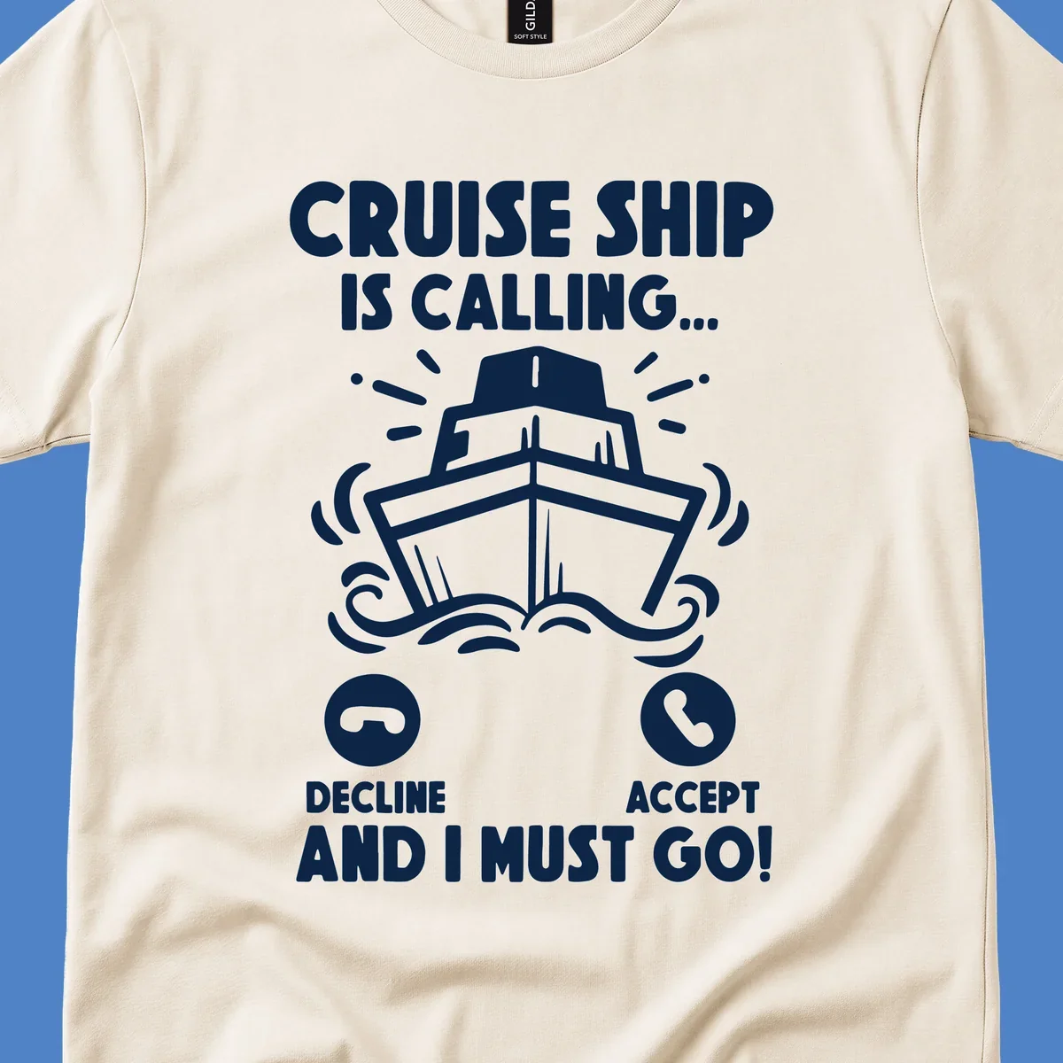 Illustration of a cruise ship with radiating lines and phone call interface showing decline and accept buttons, with text 'Cruise Ship Is Calling'