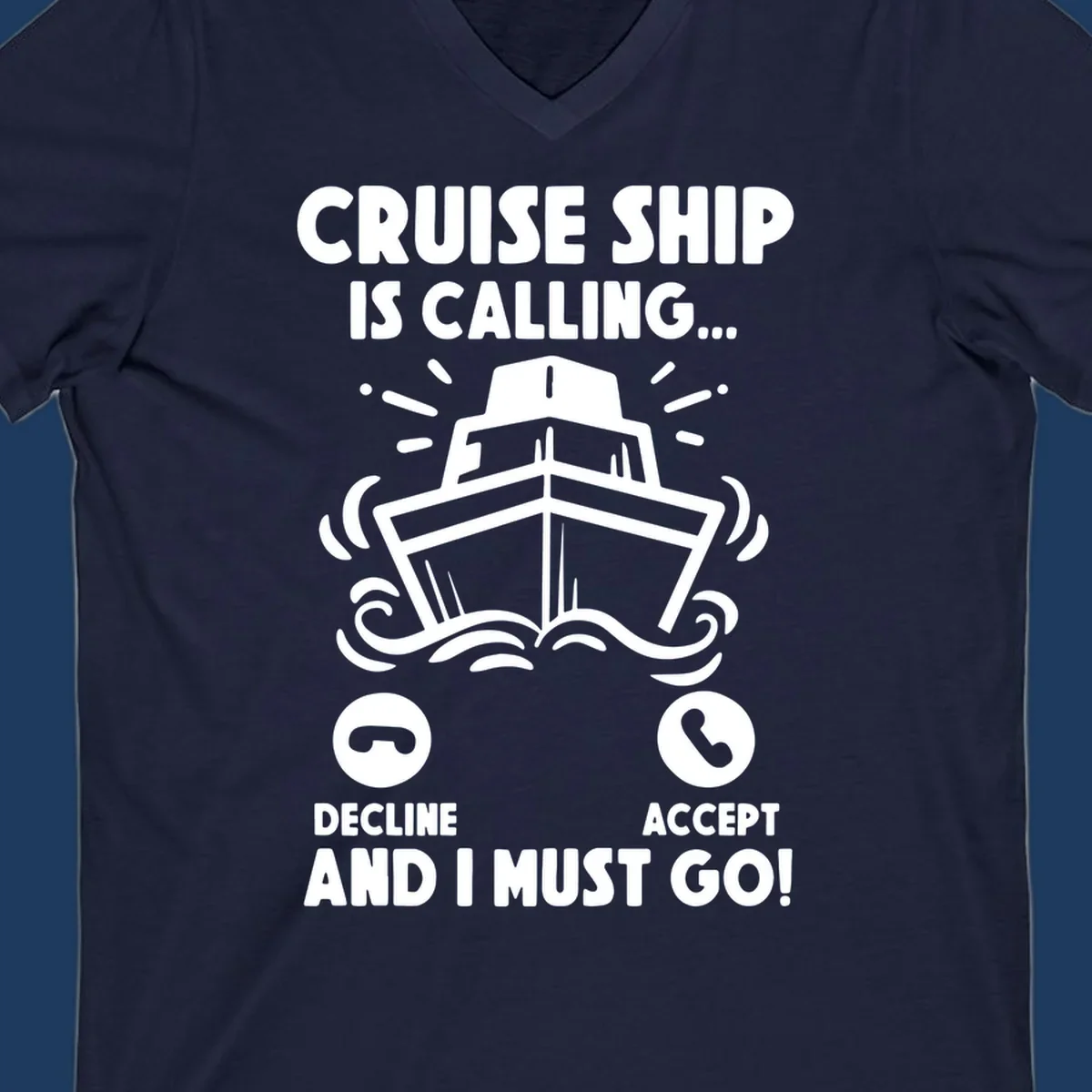 Illustration of a cruise ship with radiating lines and phone call interface showing decline and accept buttons, with text 'Cruise Ship Is Calling'