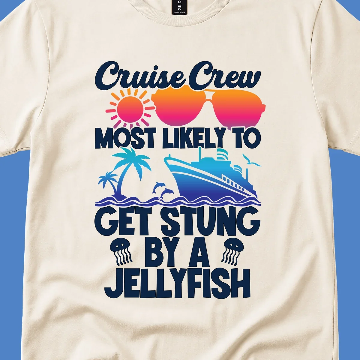 Colorful cruise-themed design with sun, ship, dolphins and jellyfish illustrating 'Most Likely To Get Stung By A Jellyfish' text