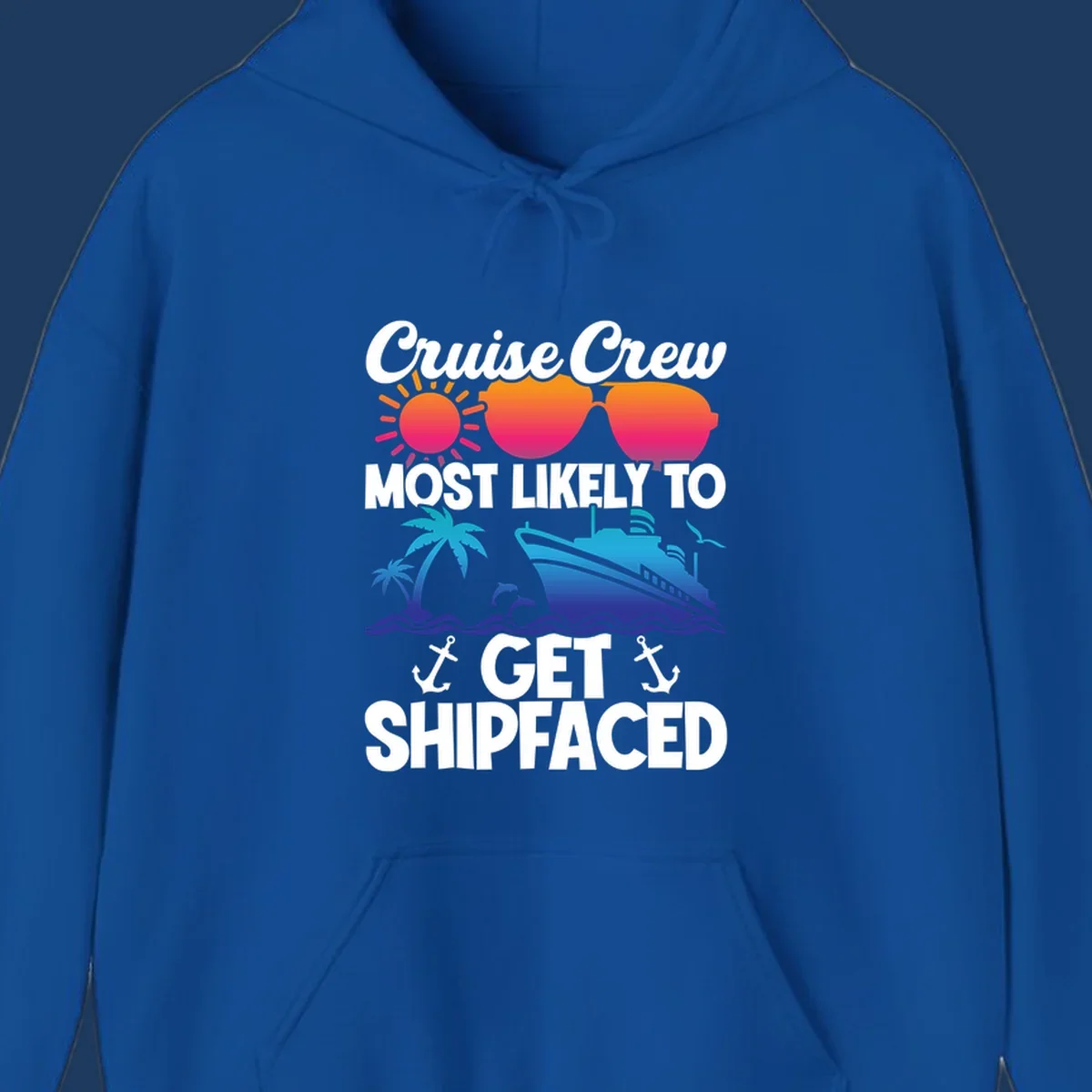 Shipfaced cruise crew design with sun, sunglasses, palm tree, ship, and ocean waves on gray background