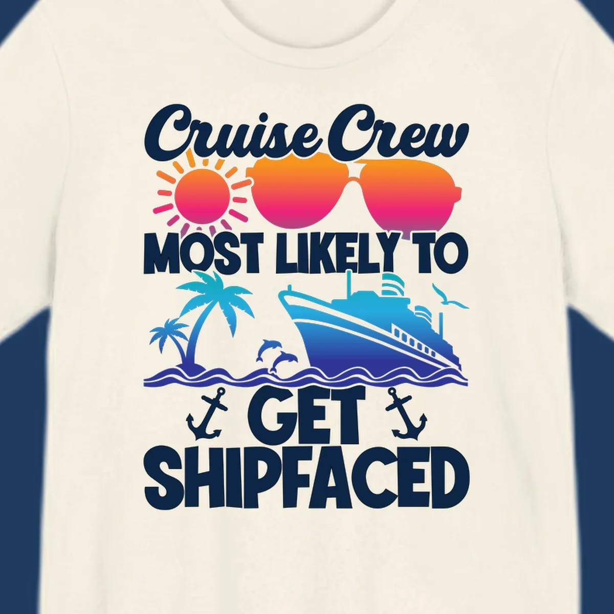 Shipfaced cruise crew design with sun, sunglasses, palm tree, ship, and ocean waves on gray background