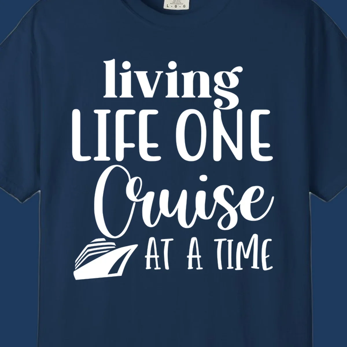 White text reading 'living LIFE ONE Cruise AT A TIME' with a cruise ship illustration on gray background