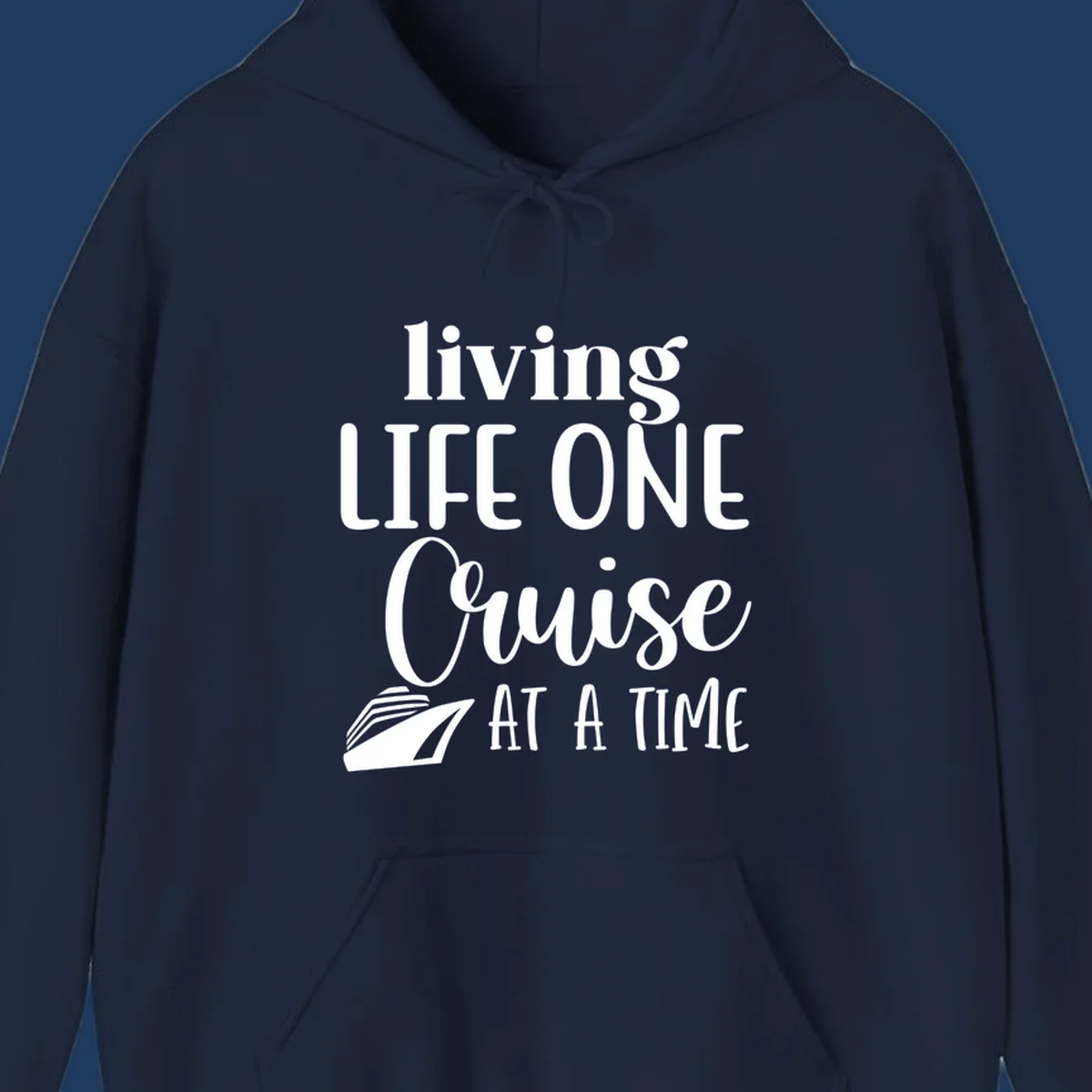 White text reading 'living LIFE ONE Cruise AT A TIME' with a cruise ship illustration on gray background