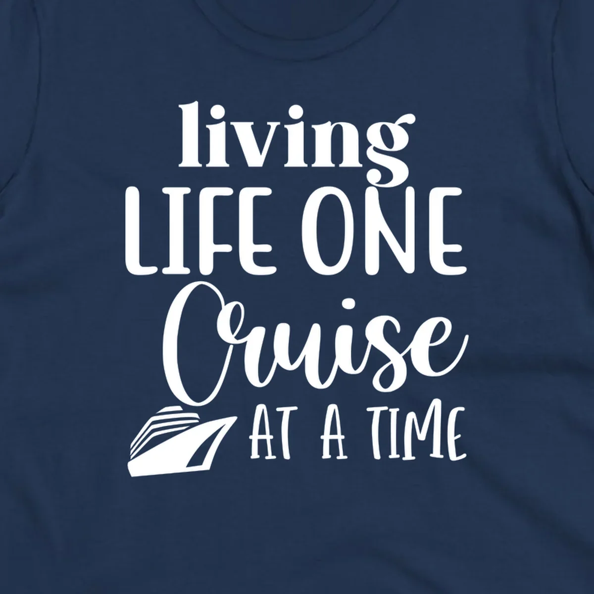 White text reading 'living LIFE ONE Cruise AT A TIME' with a cruise ship illustration on gray background