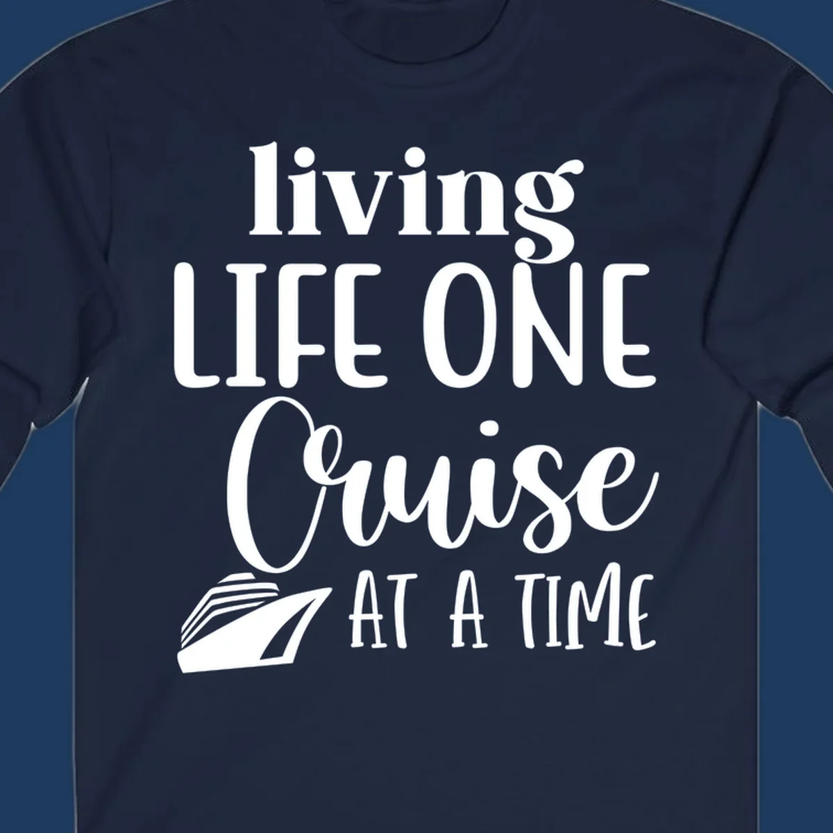 White text reading 'living LIFE ONE Cruise AT A TIME' with a cruise ship illustration on gray background