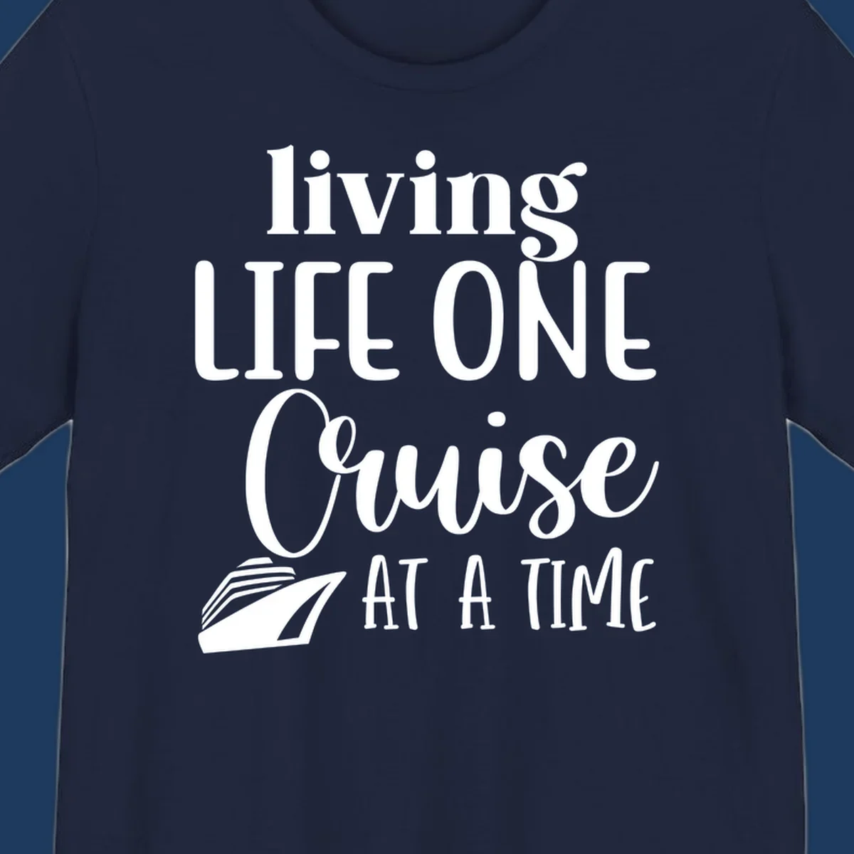 White text reading 'living LIFE ONE Cruise AT A TIME' with a cruise ship illustration on gray background