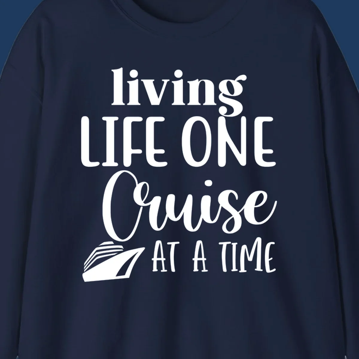 White text reading 'living LIFE ONE Cruise AT A TIME' with a cruise ship illustration on gray background