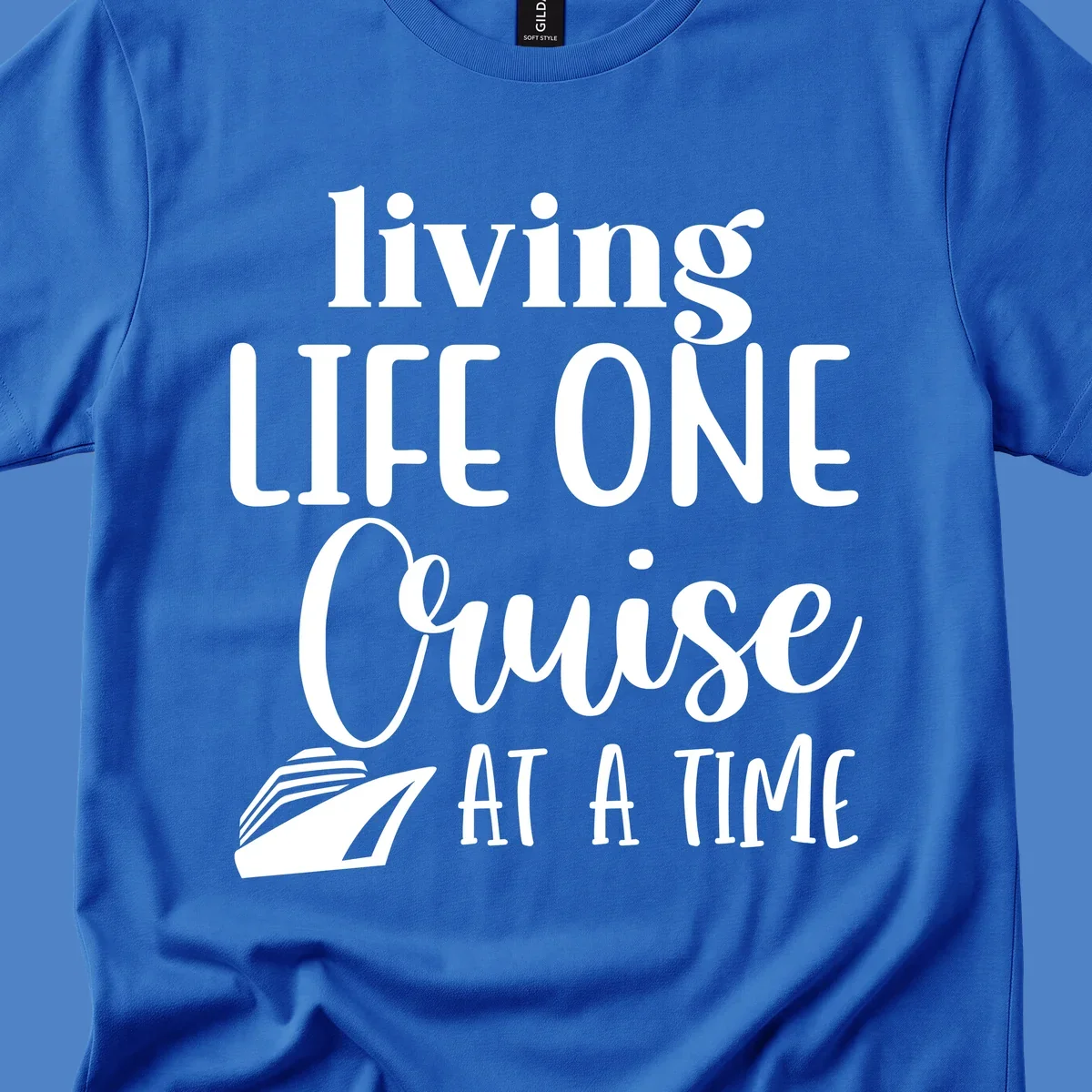 White text reading 'living LIFE ONE Cruise AT A TIME' with a cruise ship illustration on gray background