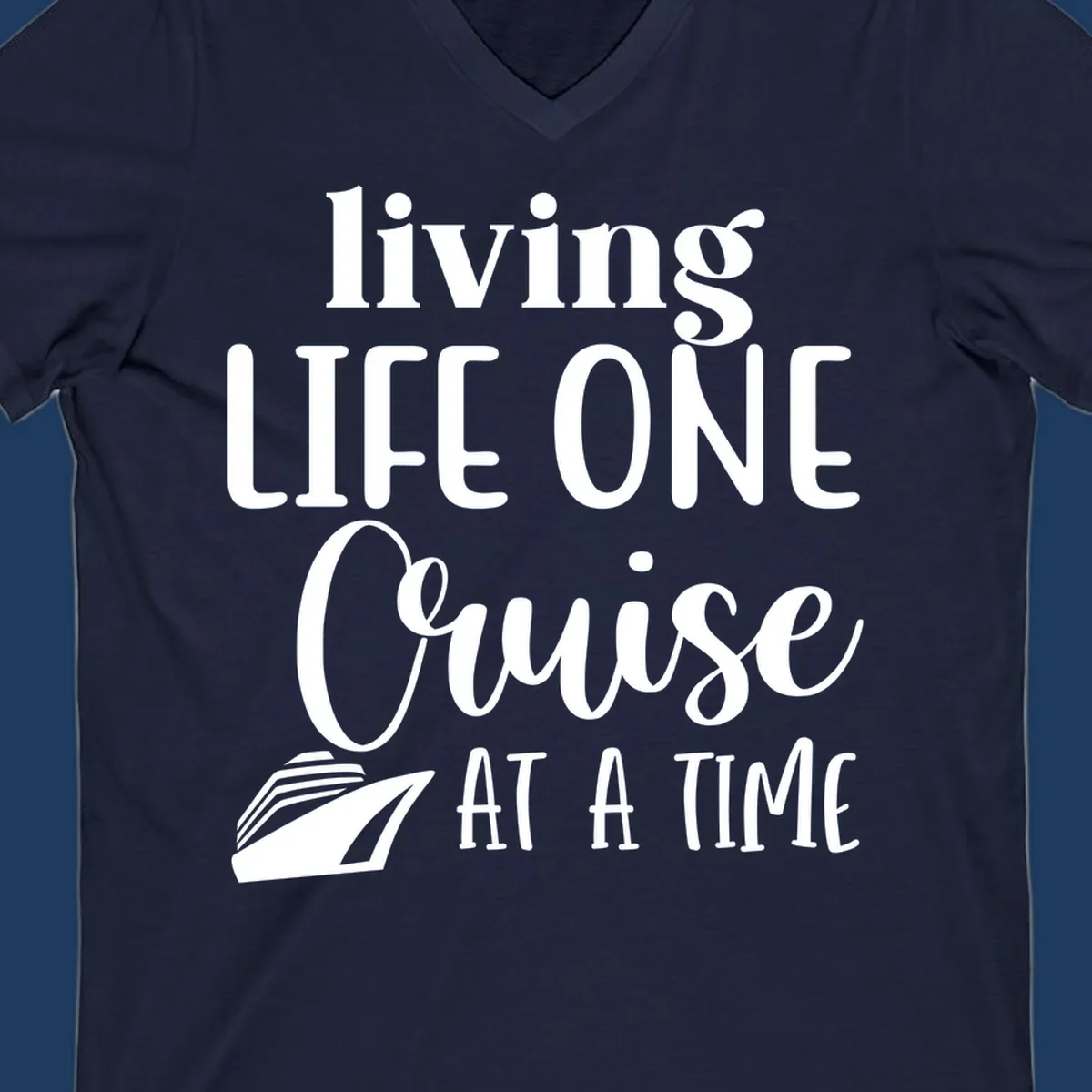 White text reading 'living LIFE ONE Cruise AT A TIME' with a cruise ship illustration on gray background