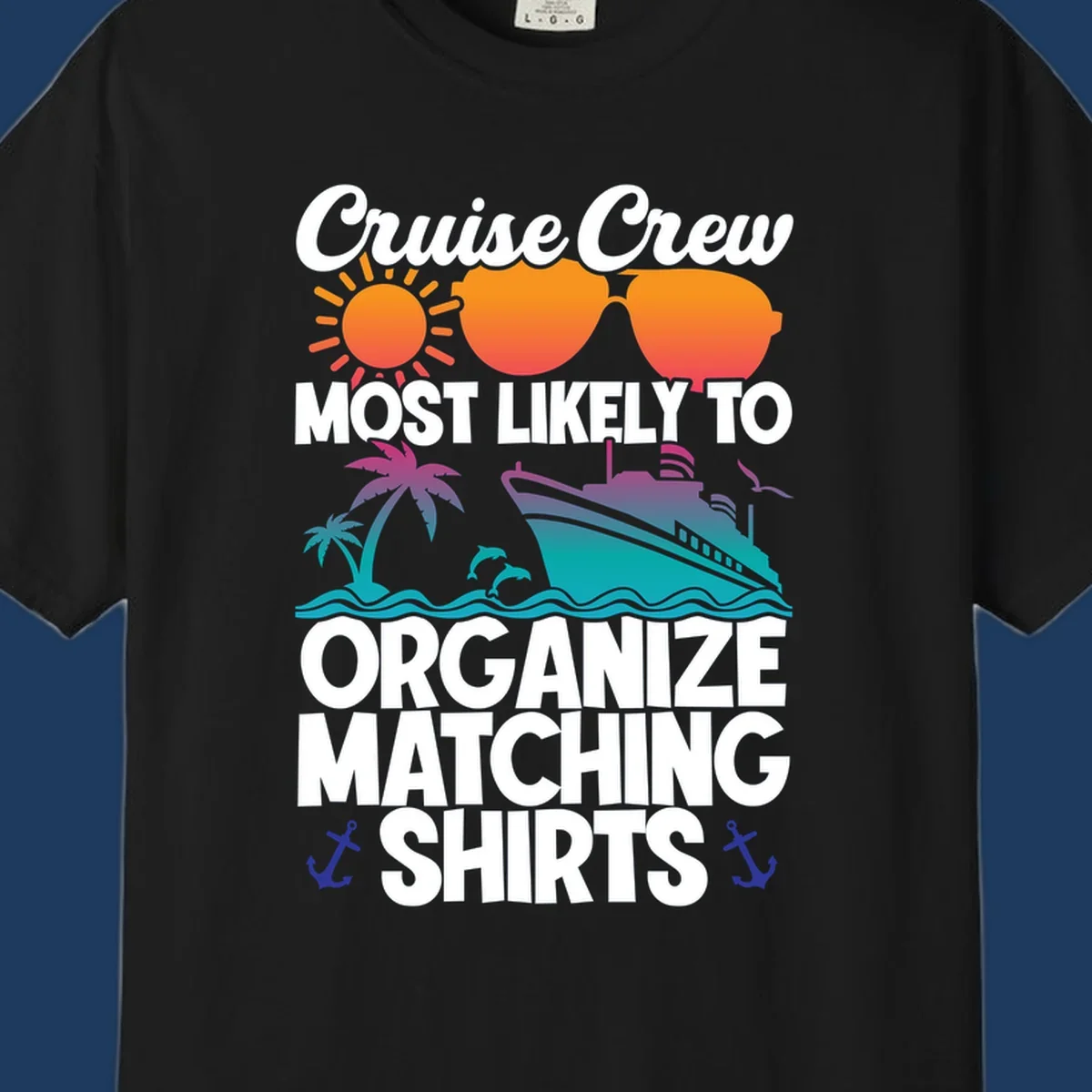 Colorful cruise-themed design with sun, heart sunglasses, ship, and palm tree illustrating organize-matching-cruise-shirts concept