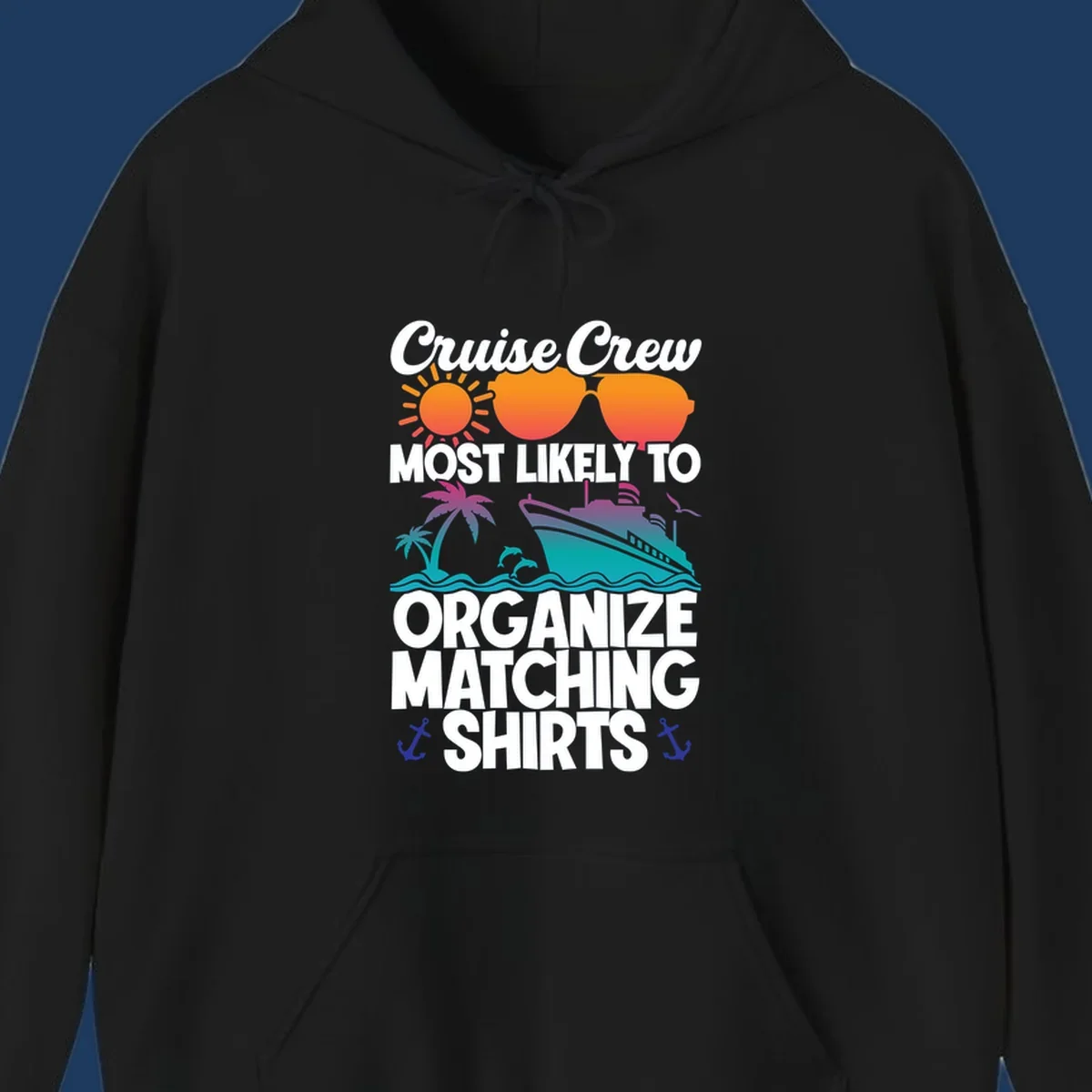 Colorful cruise-themed design with sun, heart sunglasses, ship, and palm tree illustrating organize-matching-cruise-shirts concept