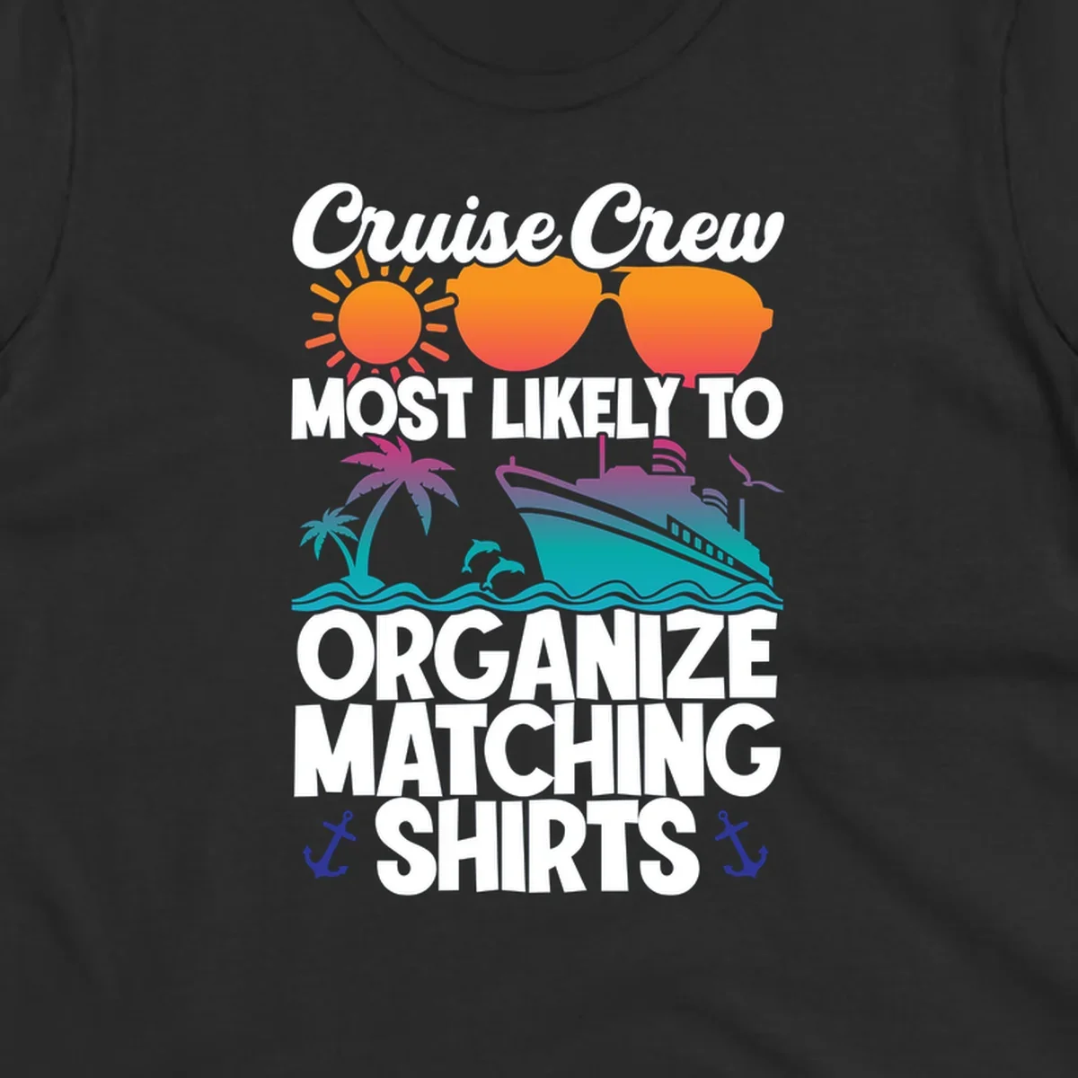 Colorful cruise-themed design with sun, heart sunglasses, ship, and palm tree illustrating organize-matching-cruise-shirts concept