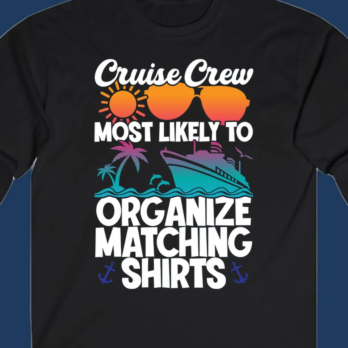 Colorful cruise-themed design with sun, heart sunglasses, ship, and palm tree illustrating organize-matching-cruise-shirts concept