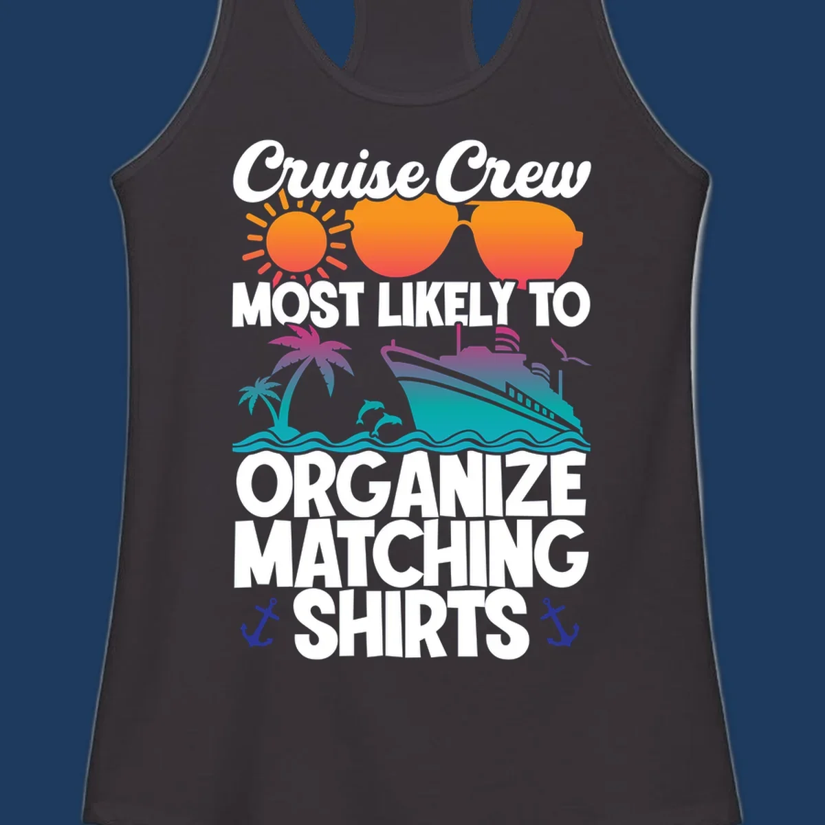 Colorful cruise-themed design with sun, heart sunglasses, ship, and palm tree illustrating organize-matching-cruise-shirts concept