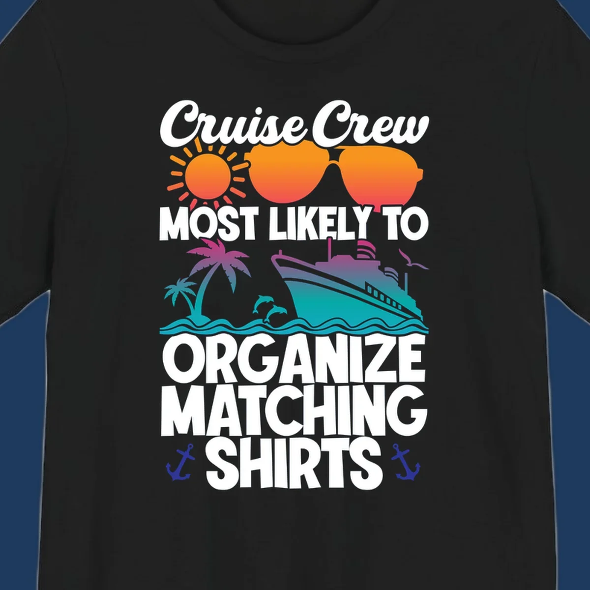 Colorful cruise-themed design with sun, heart sunglasses, ship, and palm tree illustrating organize-matching-cruise-shirts concept