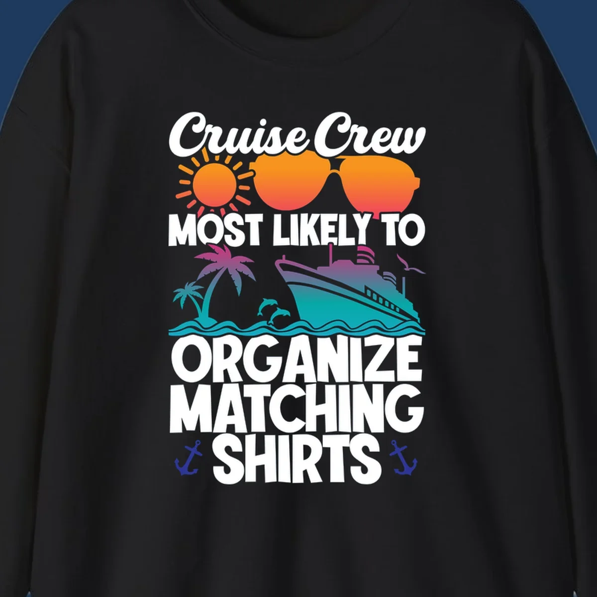 Colorful cruise-themed design with sun, heart sunglasses, ship, and palm tree illustrating organize-matching-cruise-shirts concept