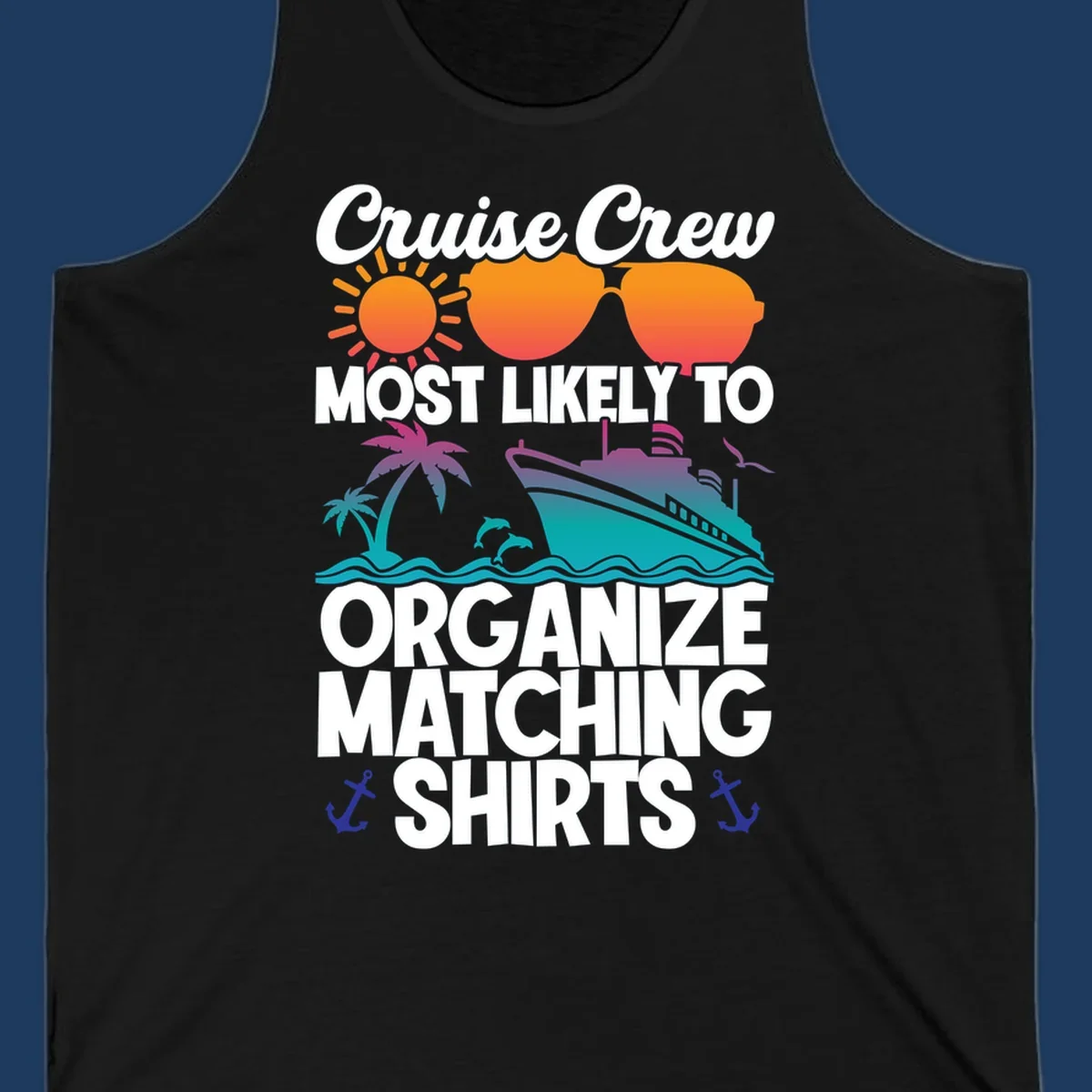 Colorful cruise-themed design with sun, heart sunglasses, ship, and palm tree illustrating organize-matching-cruise-shirts concept