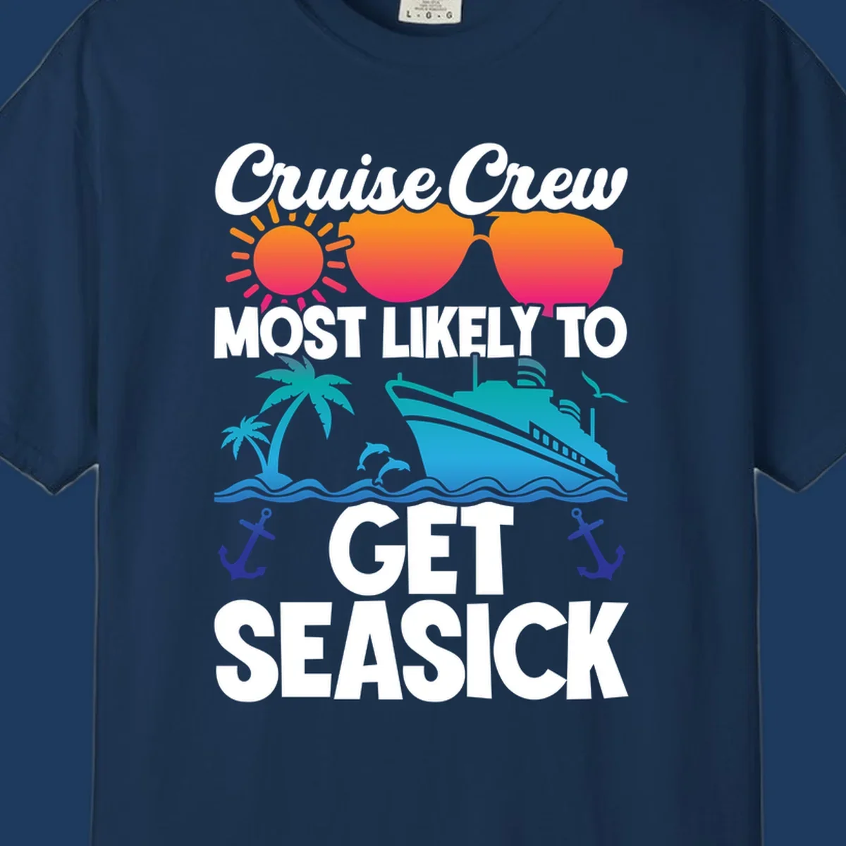 Cruise crew seasick design with colorful sunglasses, sun, palm trees, ship and anchors on gray background