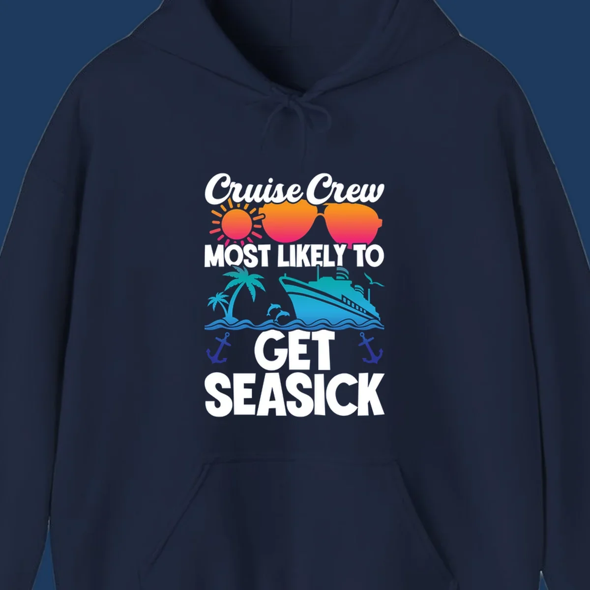 Cruise crew seasick design with colorful sunglasses, sun, palm trees, ship and anchors on gray background