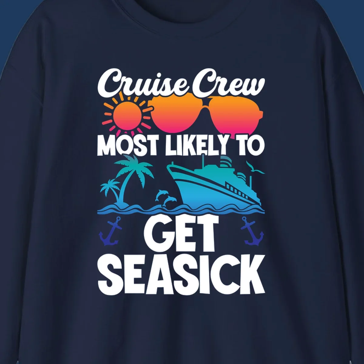 Cruise crew seasick design with colorful sunglasses, sun, palm trees, ship and anchors on gray background