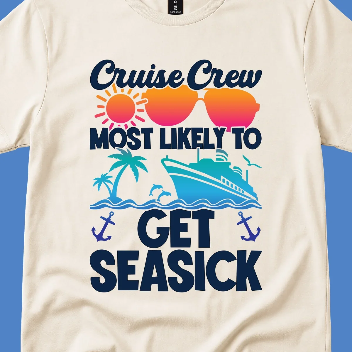 Cruise crew seasick design with colorful sunglasses, sun, palm trees, ship and anchors on gray background