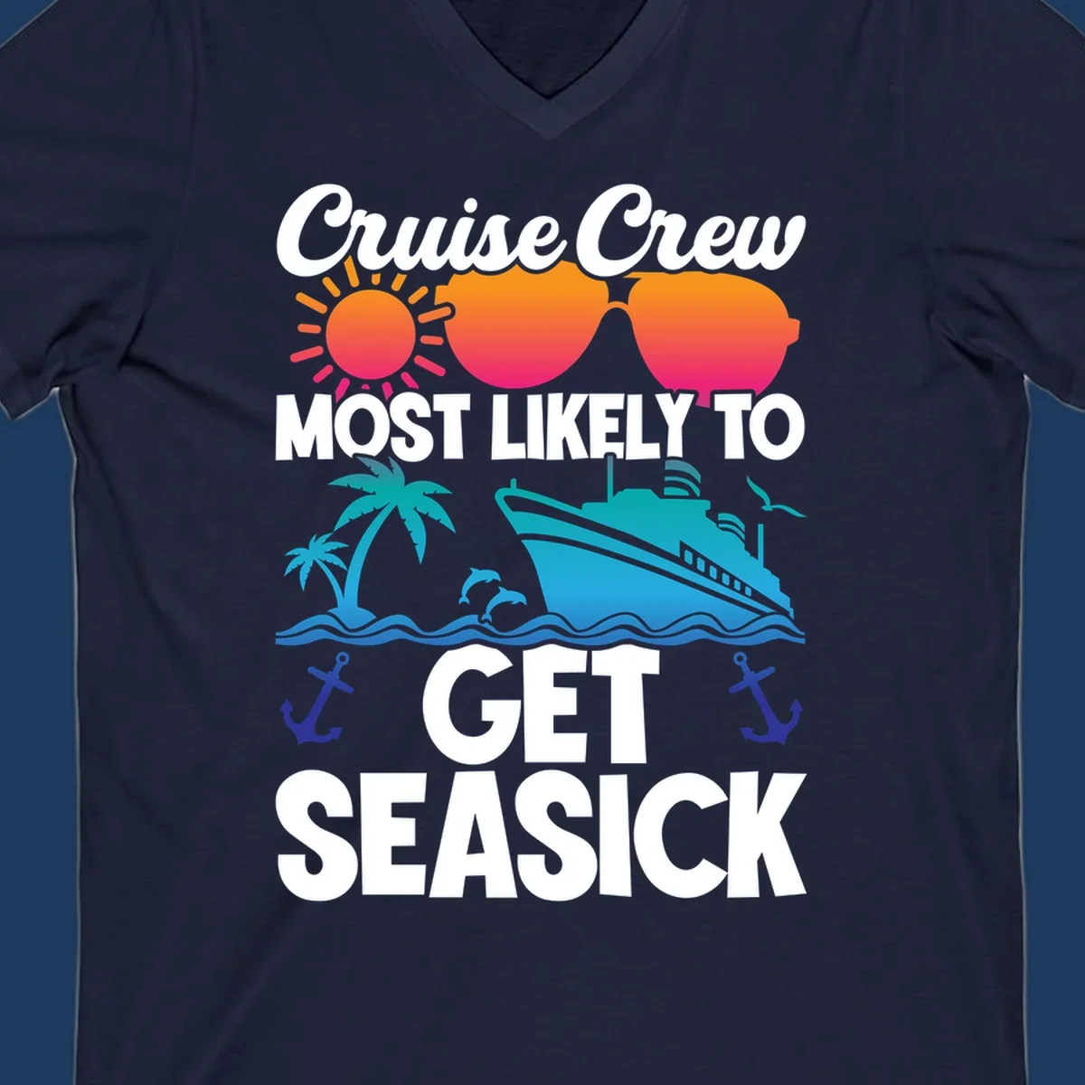 Cruise crew seasick design with colorful sunglasses, sun, palm trees, ship and anchors on gray background