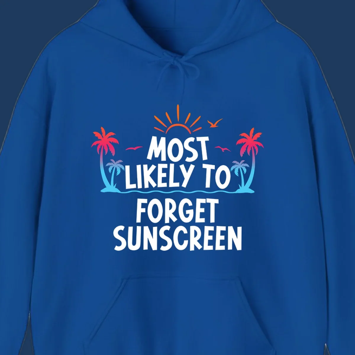 Tropical beach scene with rising sun, palm trees, and text reading 'Most Likely To Forget Sunscreen' in white letters
