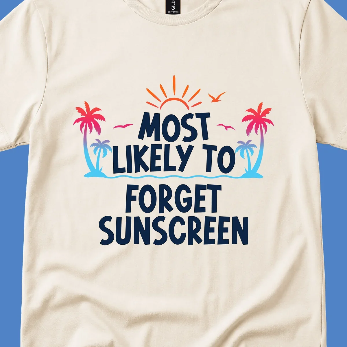 Tropical beach scene with rising sun, palm trees, and text reading 'Most Likely To Forget Sunscreen' in white letters