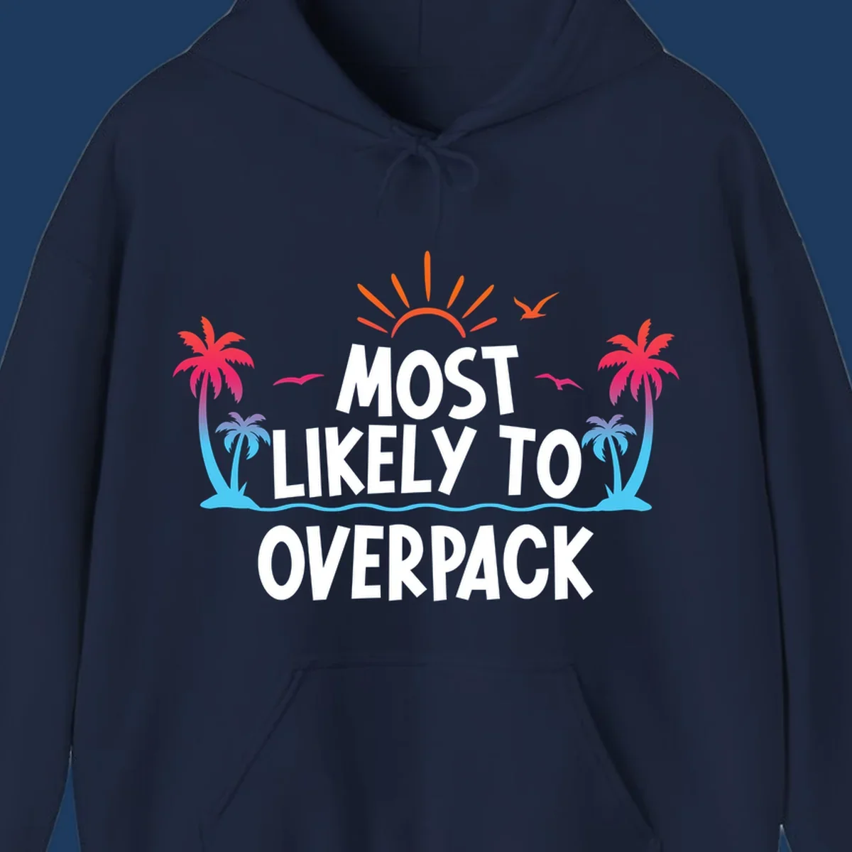 Tropical beach illustration with sun, palm trees, waves, and seagulls with text 'Most Likely To Overpack' for cruise vacation humor shirt design