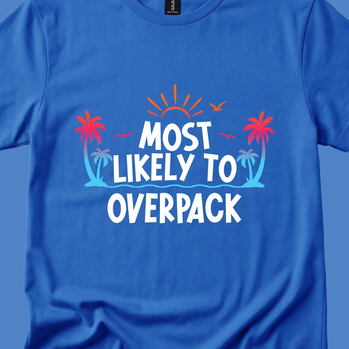 Tropical beach illustration with sun, palm trees, waves, and seagulls with text 'Most Likely To Overpack' for cruise vacation humor shirt design