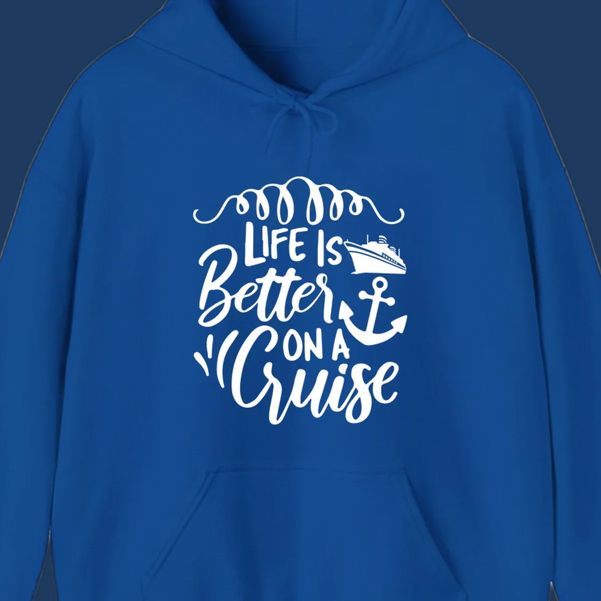 White nautical design with 'Life Is Better On A Cruise' text, cruise ship, anchor, and decorative wave swags on gray background
