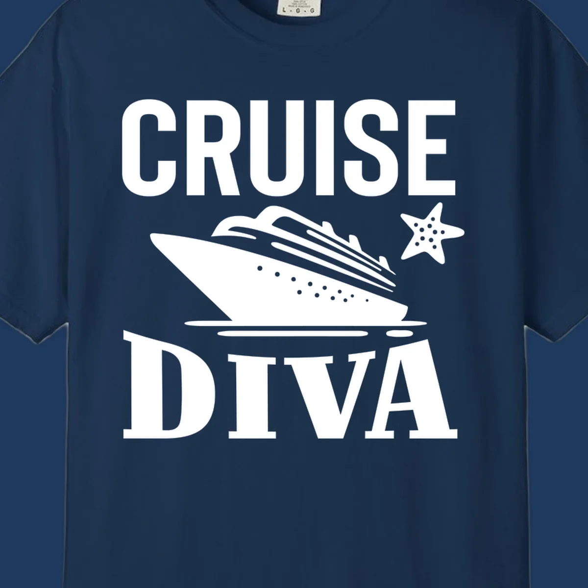 Cruise diva design featuring a cruise ship with starfish and wave graphics between white text reading cruise diva