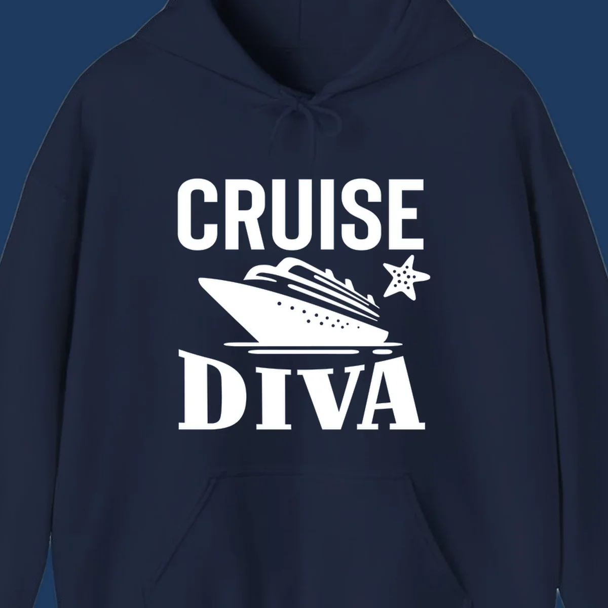 Cruise diva design featuring a cruise ship with starfish and wave graphics between white text reading cruise diva