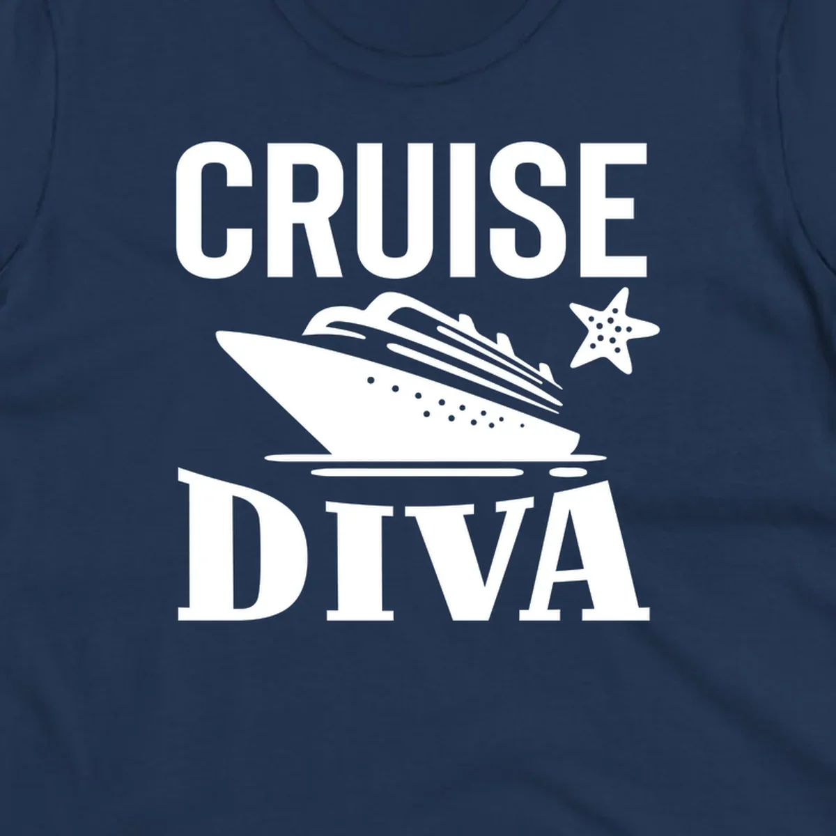 Cruise diva design featuring a cruise ship with starfish and wave graphics between white text reading cruise diva