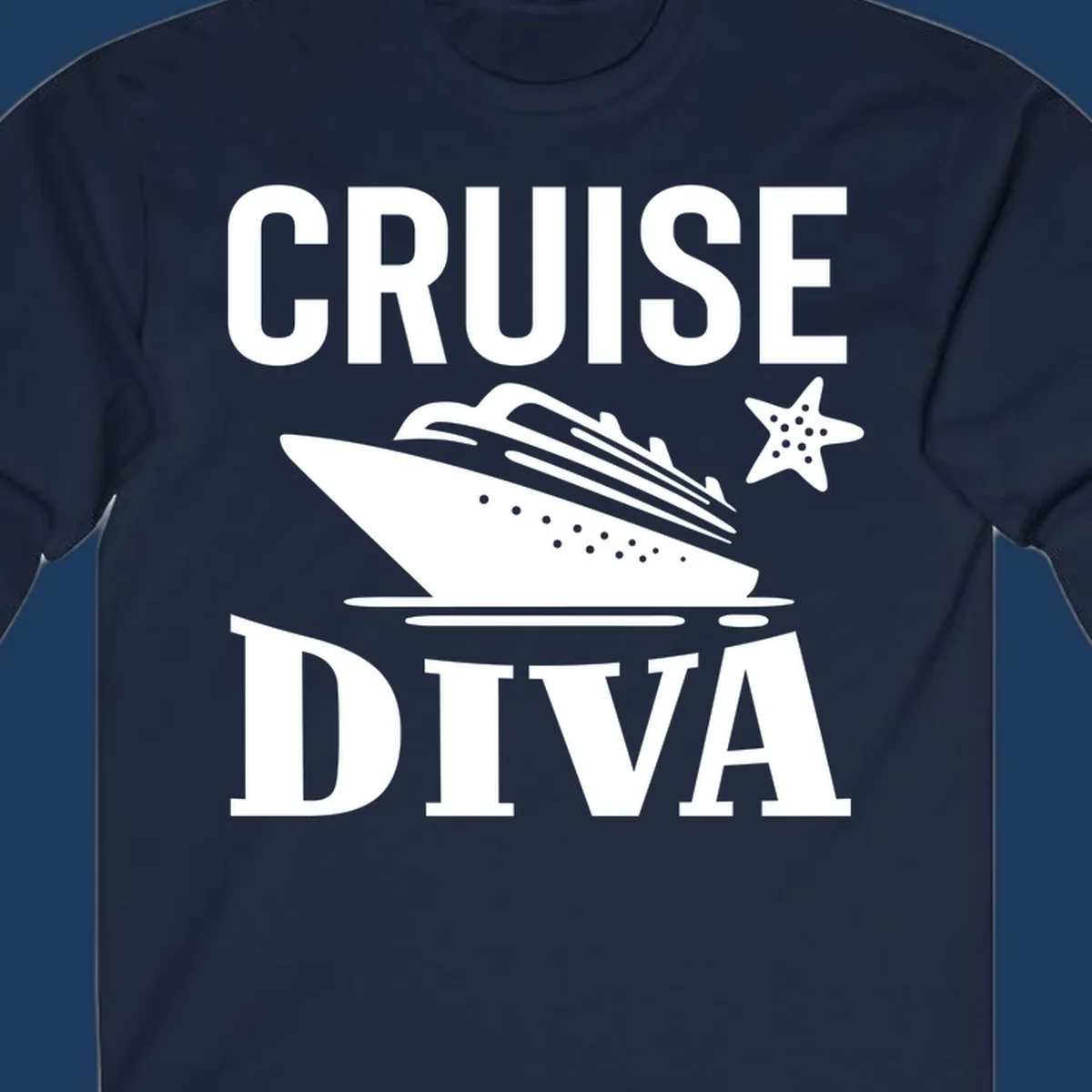 Cruise diva design featuring a cruise ship with starfish and wave graphics between white text reading cruise diva