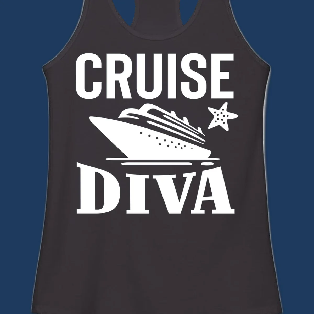 Cruise diva design featuring a cruise ship with starfish and wave graphics between white text reading cruise diva