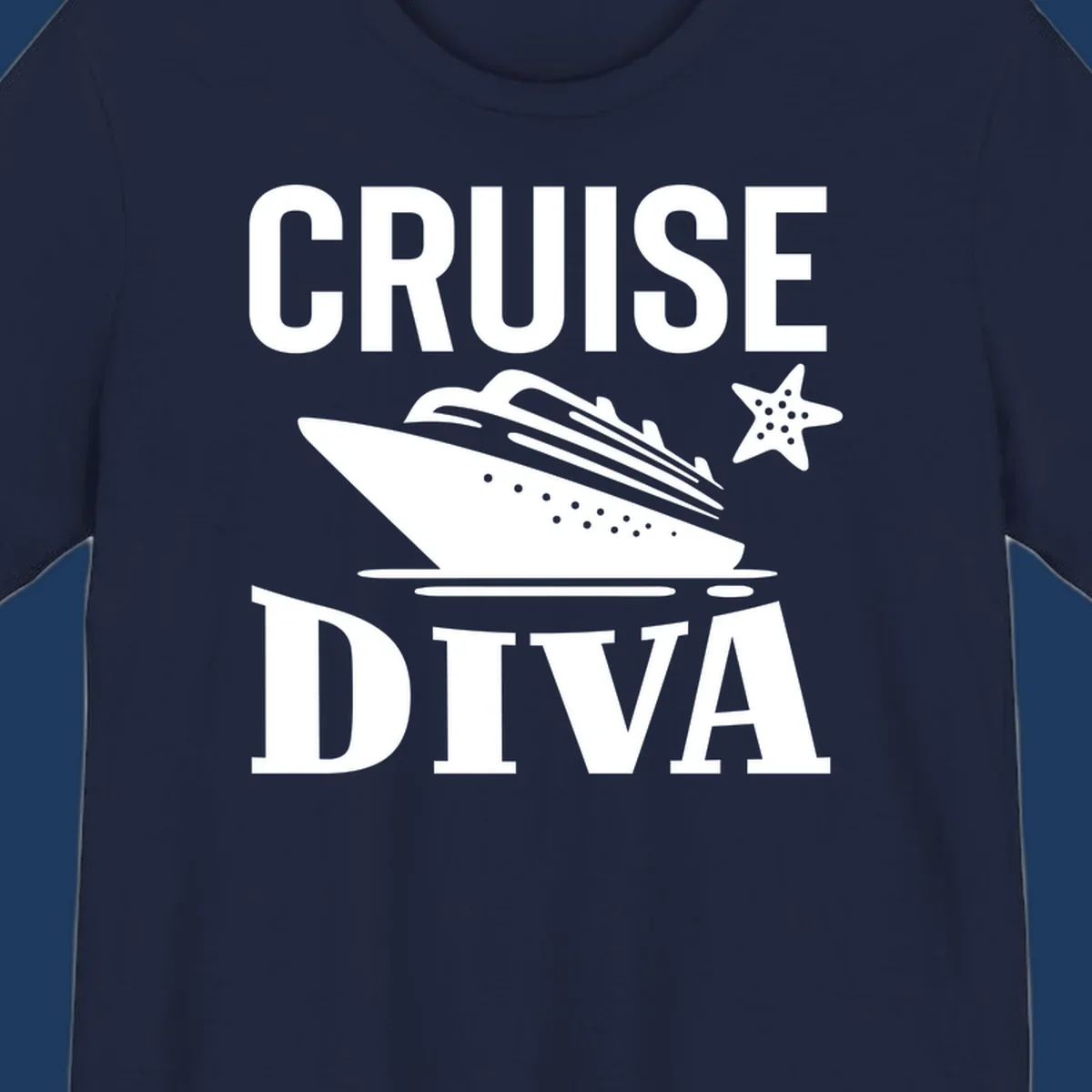Cruise diva design featuring a cruise ship with starfish and wave graphics between white text reading cruise diva