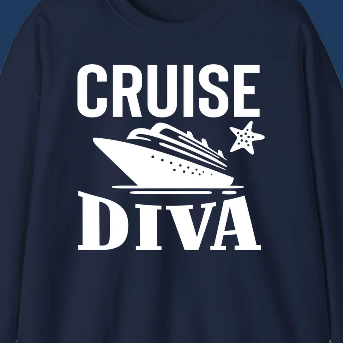 Cruise diva design featuring a cruise ship with starfish and wave graphics between white text reading cruise diva
