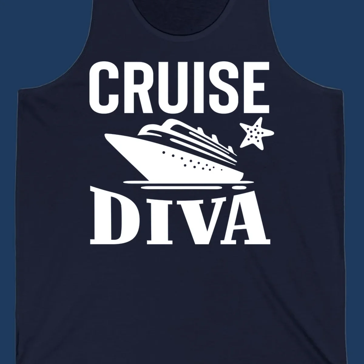 Cruise diva design featuring a cruise ship with starfish and wave graphics between white text reading cruise diva