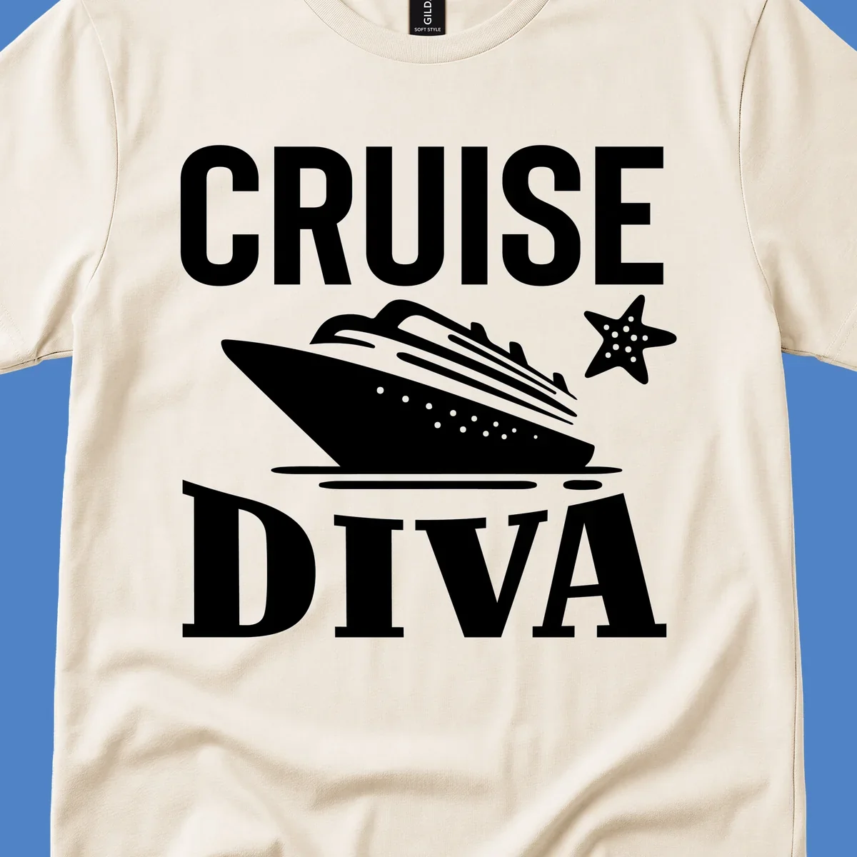 Cruise diva design featuring a cruise ship with starfish and wave graphics between white text reading cruise diva