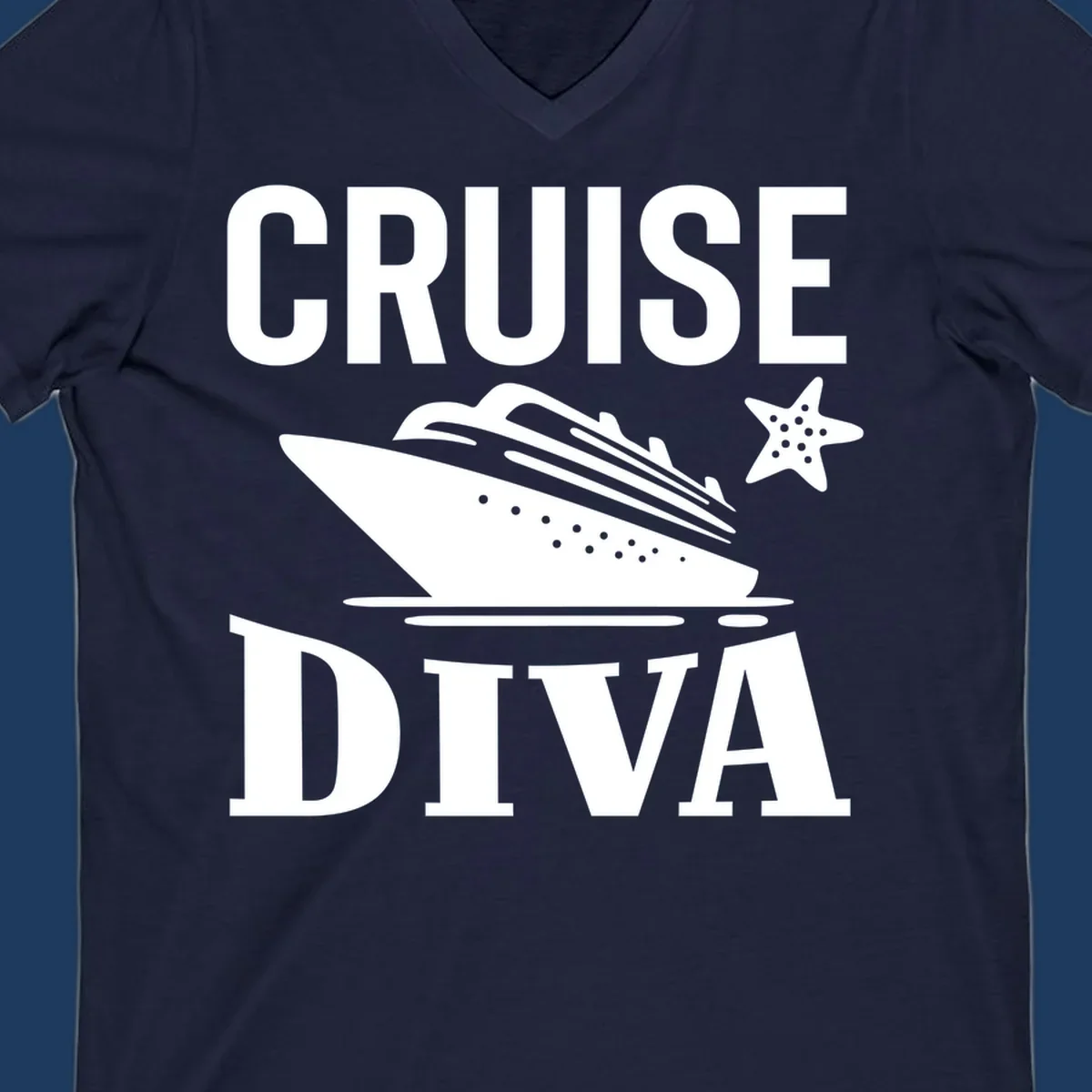 Cruise diva design featuring a cruise ship with starfish and wave graphics between white text reading cruise diva