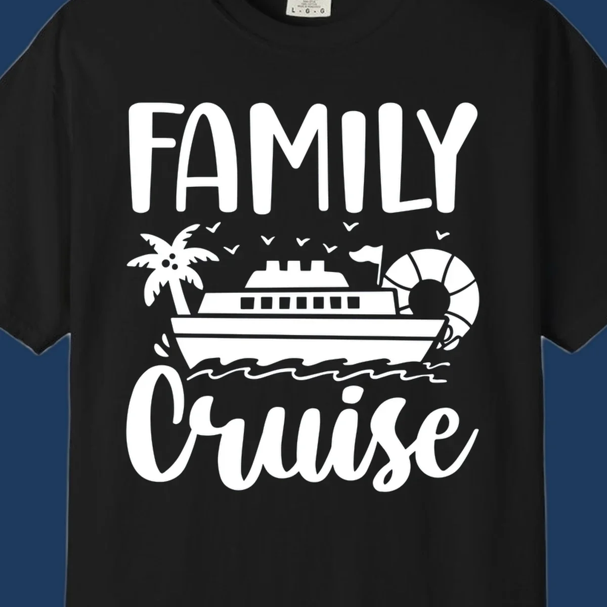 Family cruise vacation design with large text, cruise ship illustration, palm tree, life preserver, and ocean waves on gray background