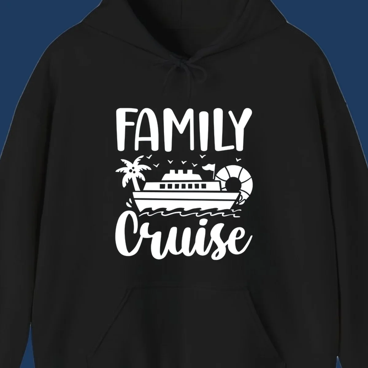 Family cruise vacation design with large text, cruise ship illustration, palm tree, life preserver, and ocean waves on gray background