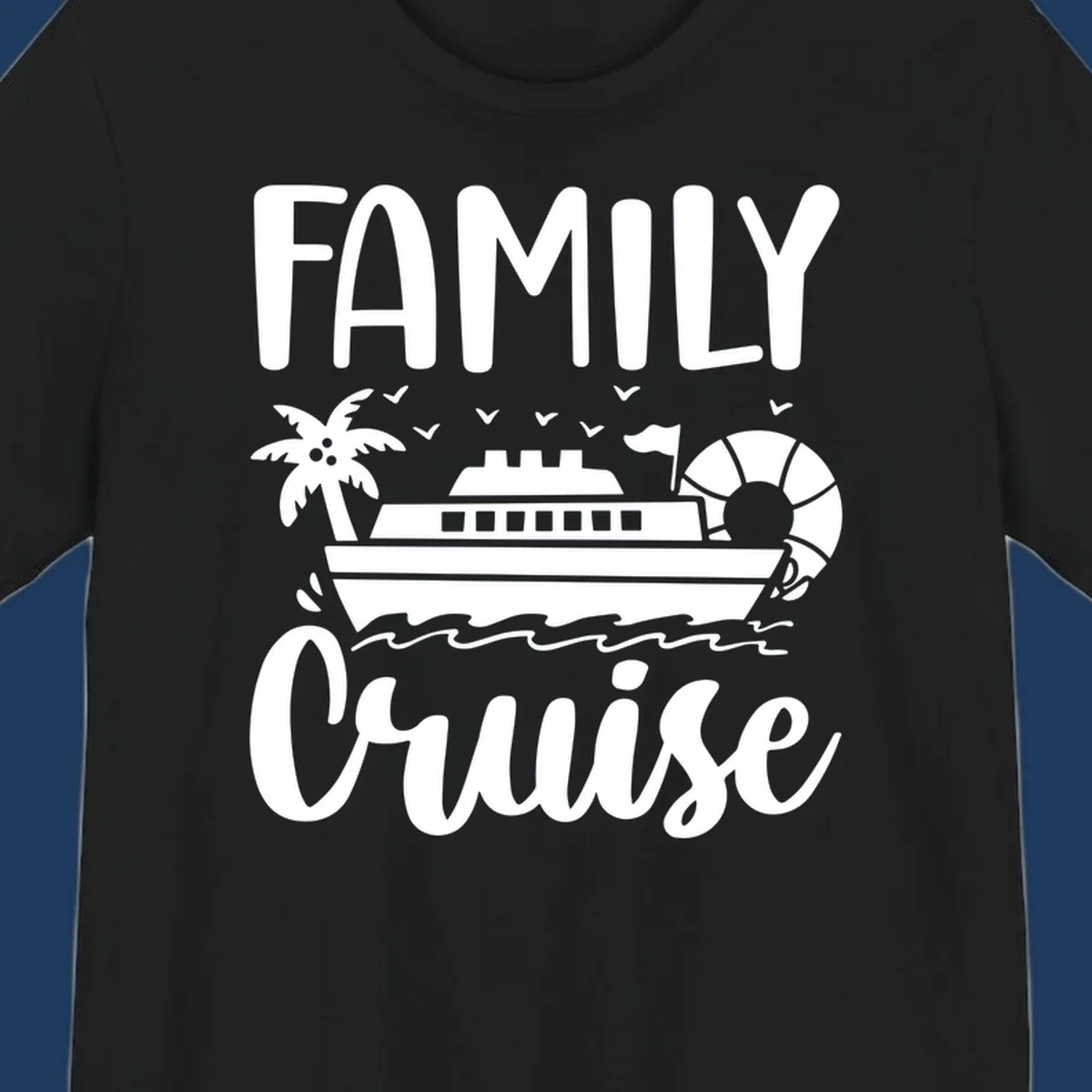 Family cruise vacation design with large text, cruise ship illustration, palm tree, life preserver, and ocean waves on gray background