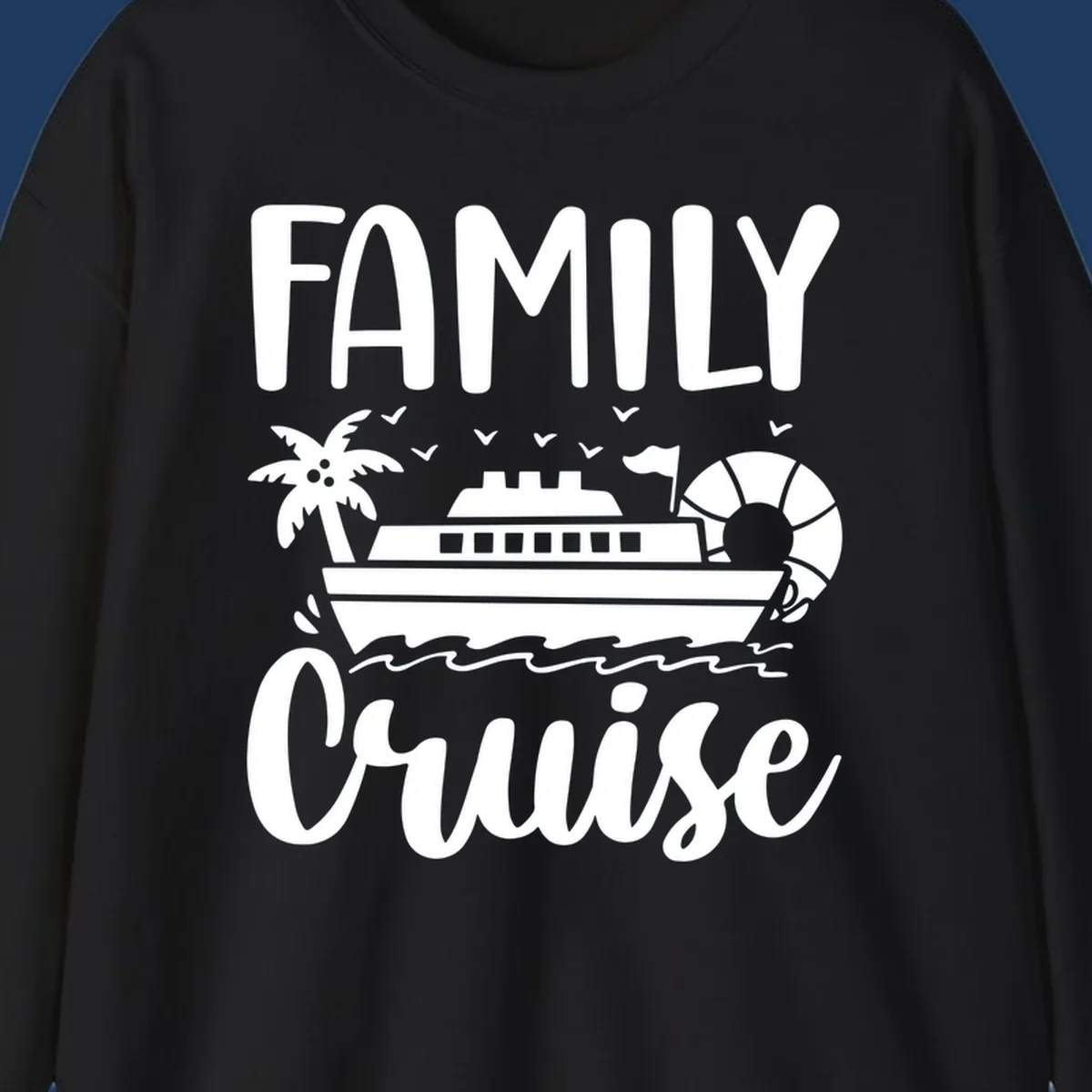 Family cruise vacation design with large text, cruise ship illustration, palm tree, life preserver, and ocean waves on gray background