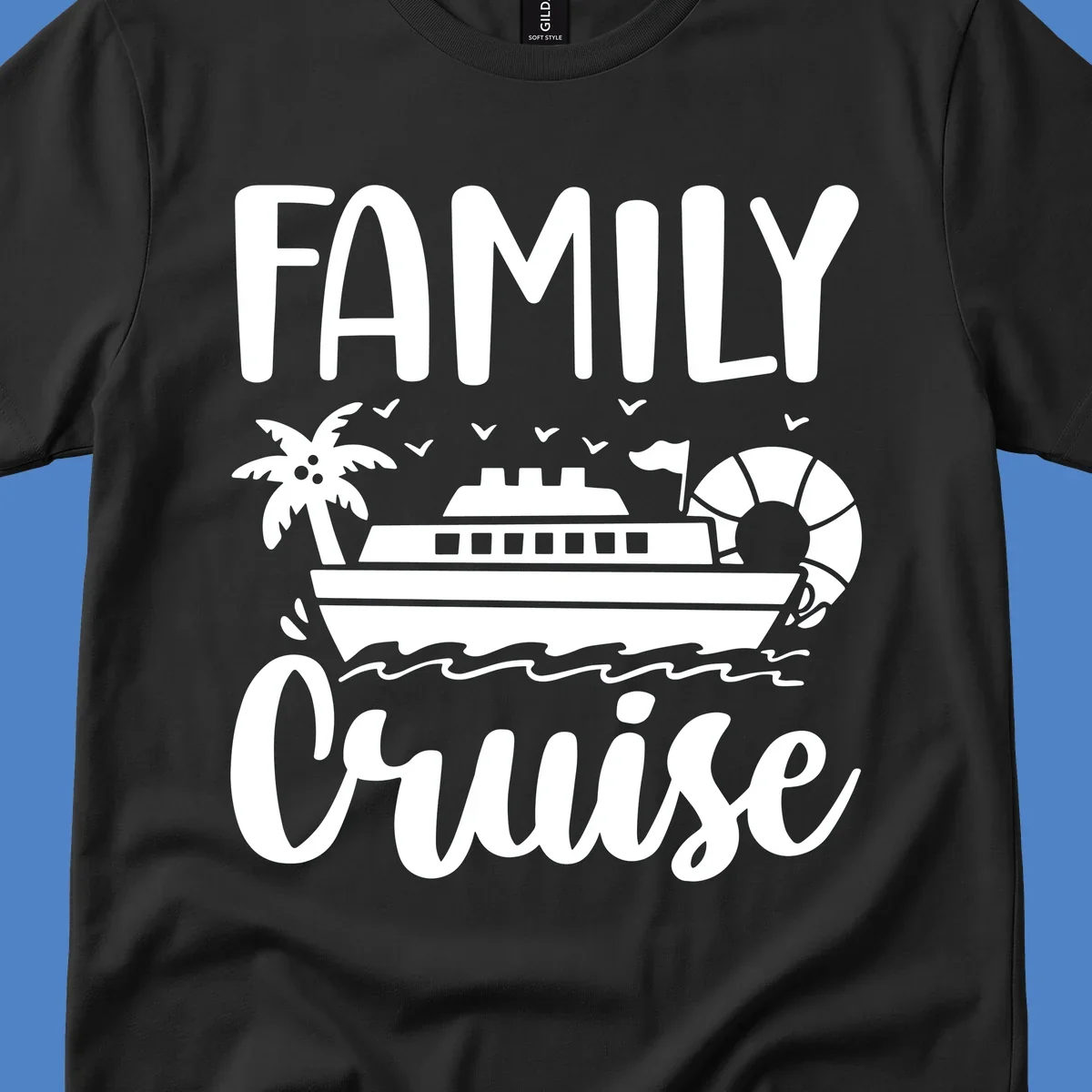 Family cruise vacation design with large text, cruise ship illustration, palm tree, life preserver, and ocean waves on gray background