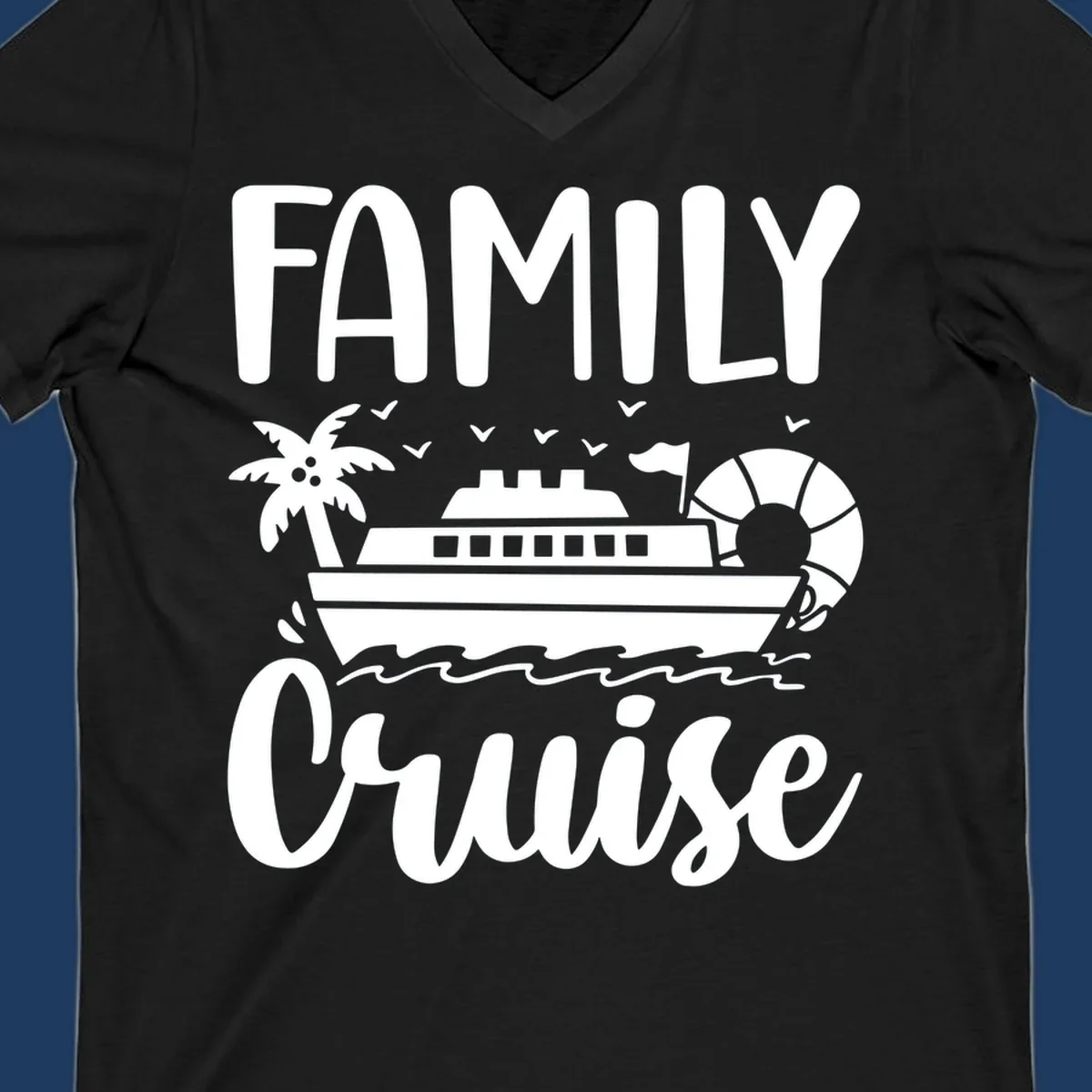 Family cruise vacation design with large text, cruise ship illustration, palm tree, life preserver, and ocean waves on gray background