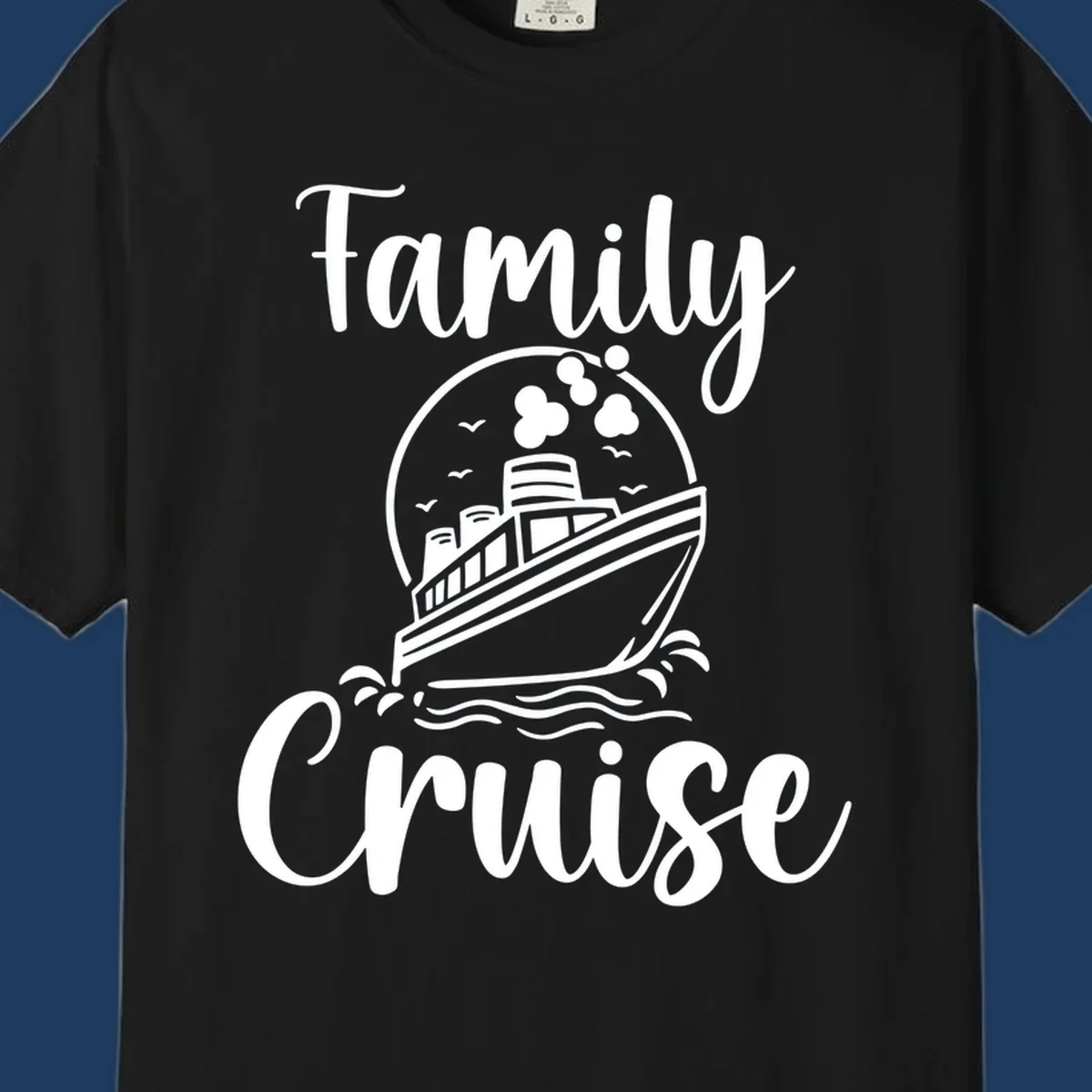 Family cruise ship illustration with ocean waves and birds in circular frame design