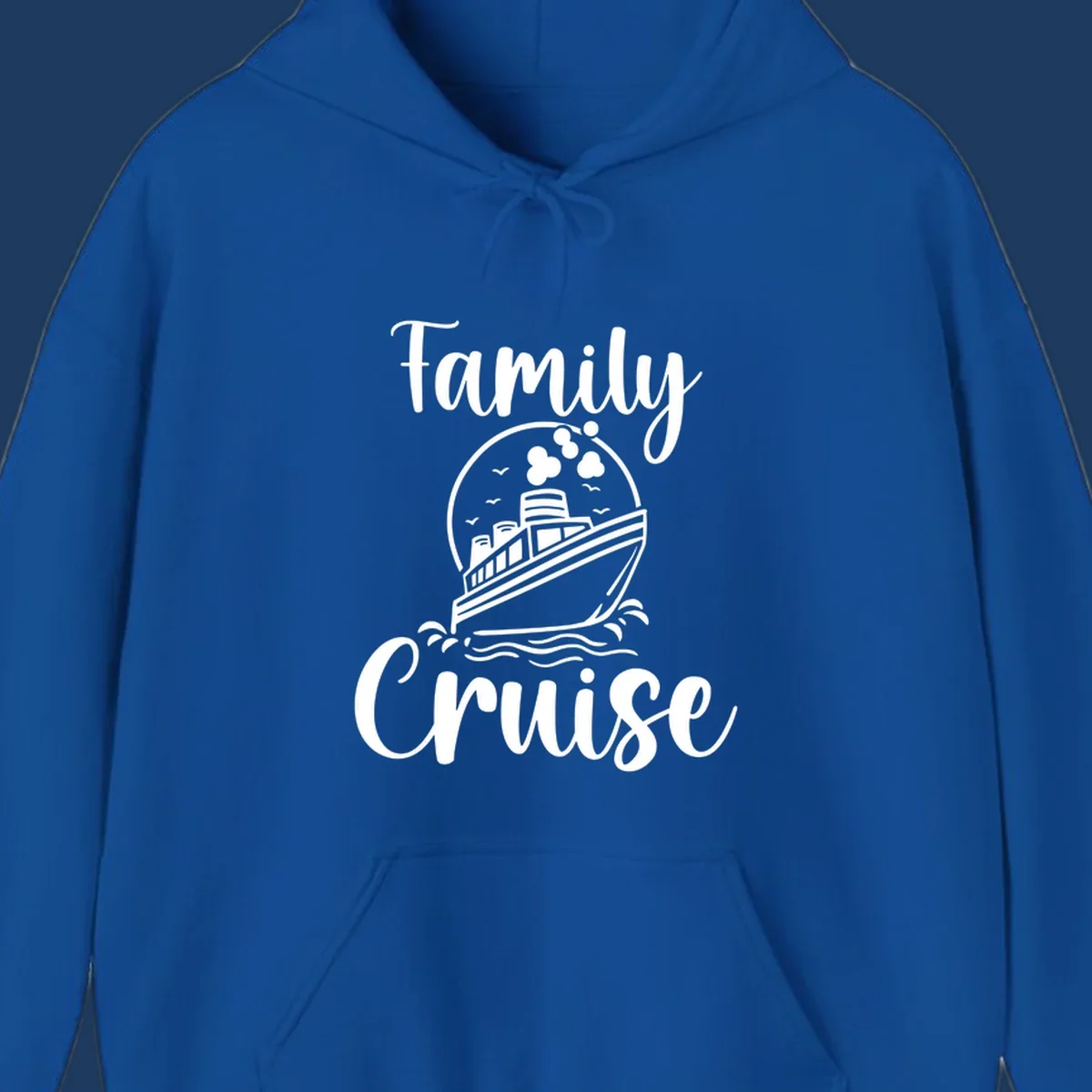 Family cruise ship illustration with ocean waves and birds in circular frame design