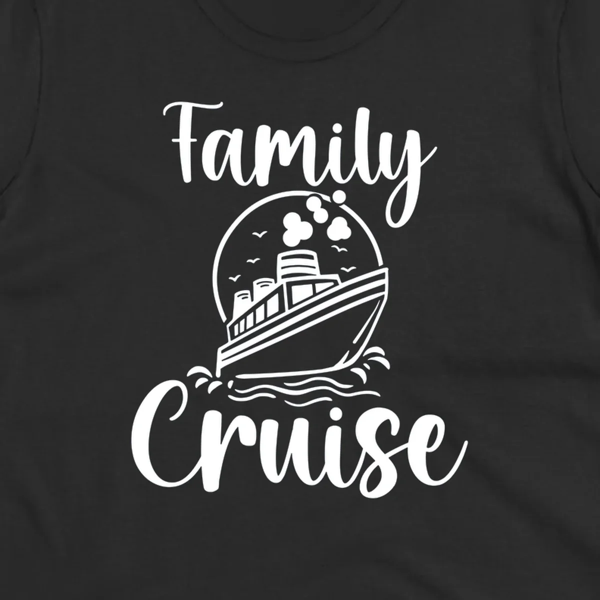 Family cruise ship illustration with ocean waves and birds in circular frame design